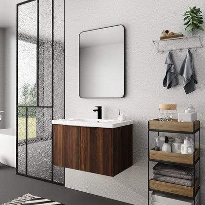 Henf 30inch Floating Bathroom Vanity Cabinet with Sink Combo, Modern Wall Mounted Solid Wood Cabinet with White Gel Basin Sink Bathroom Storage Cabinet with 2 Soft Close Doors