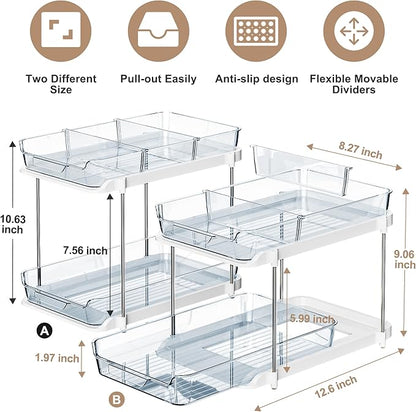 Delamu 2-Tier Multi-Purpose Bathroom Under Sink Organizers and Storage, Stackable Kitchen Pantry Organization, Pull Out Medicine Cabinet Organizer with Movable Dividers, Blue, 2 Pack