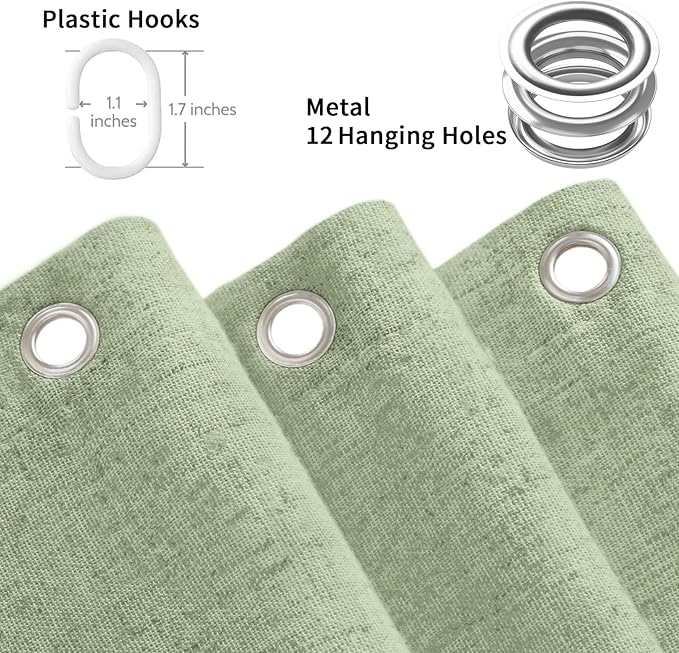 Linen Shower Curtain Flax Green, Fabric Boho Farmhouse Shower Curtains for Bathroom Cotton Natural Cloth Liner Set 72" W x 72" L