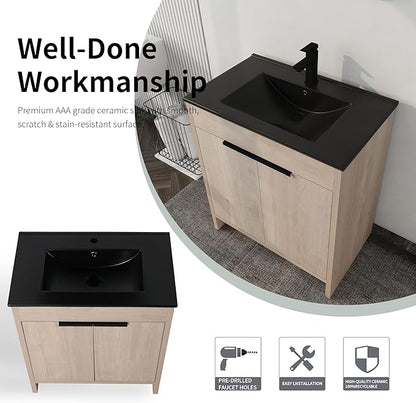 30'' Freestanding Bathroom Vanity, 30 Inch Floor Stand Bathroom Vanity with Sink, Single Black Sink Cabinet Set, Modern Storage Cabinet, with Soft Closing Door, 02430PLO+9075BK