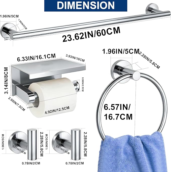 5 Pieces Bathroom Hardware Accessories Set Polished Chrome, 24Inch RoundTowel Racks Set for Bathroom, SUS304 Stainless Steel Towel Bar Set, Toilet Paper Holder with Shelf Wall Mounted