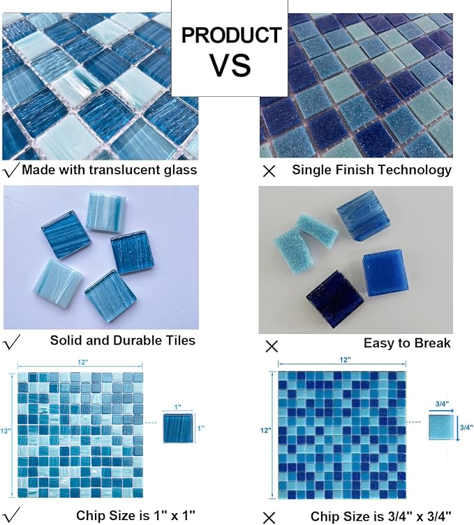LSDECO 5 Sheets Glass Mosaic Tiles Backsplash, Pool Tiles, 12" x 12" Kitchen Backsplash Tile, Glass Tiles for Bathroom Border Shower Wall (5 Sq.Ft Azure)