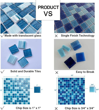 LSDECO 5 Sheets Glass Mosaic Tiles Backsplash, Pool Tiles, 12" x 12" Kitchen Backsplash Tile, Glass Tiles for Bathroom Border Shower Wall (5 Sq.Ft Azure)