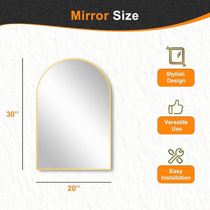 Arched Bathroom Mirror, Gold, 20"x30" | Wall Mounted, Vanity Mirror, For Bedroom, Living Room and Entryway