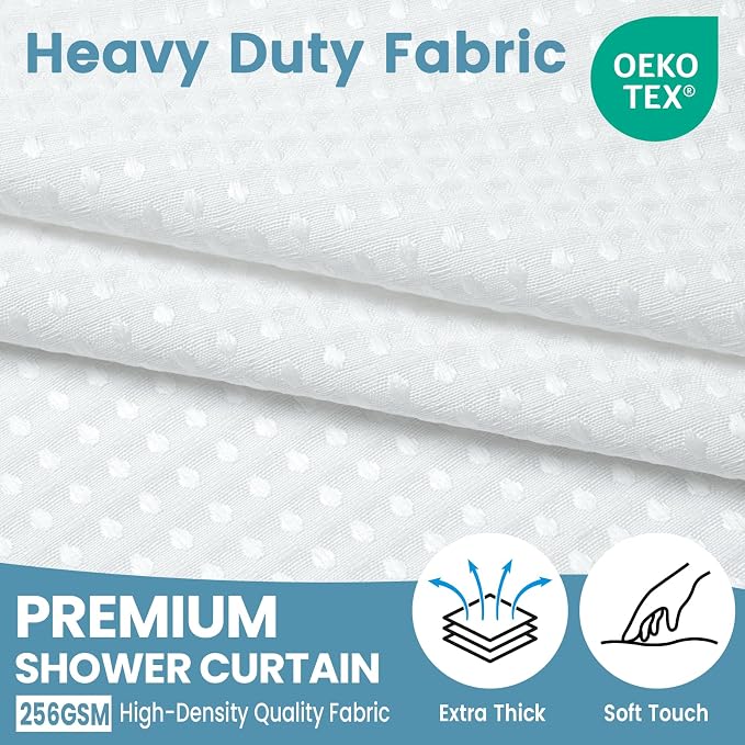 EUTXL Heavyweight No Hook Shower Curtain with Liner, White, 54x74 | Snap in Liner, Thick Waffle Fabric, Hotel Quality, Corner Magnets, Waterproof & Washable