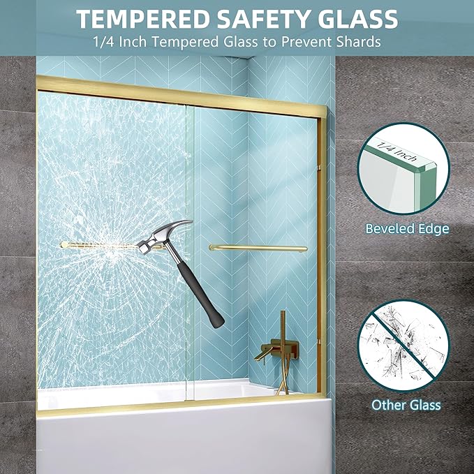 GETPRO Shower Door Double Sliding 56-60 in. W x 58 in. H Semi-Frameless Bypass Bathroom Tub Shower Glass Door,1/4 inch Clear Tempered Glass Bathtub Door Brushed Gold