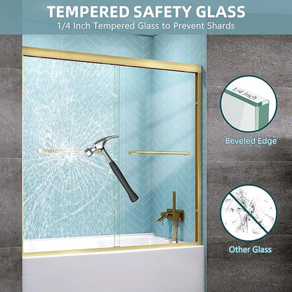 GETPRO Shower Door Double Sliding 56-60 in. W x 58 in. H Semi-Frameless Bypass Bathroom Tub Shower Glass Door,1/4 inch Clear Tempered Glass Bathtub Door Brushed Gold
