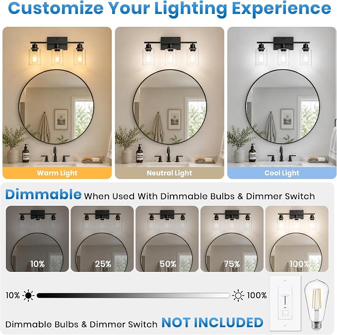Ascher 3 Light Bathroom Light Fixture, Matte Black Bathroom Lighting Fixtures Over Mirror, Vanity Light with Clear Glass Shade, Wall Sconce for Living Room Bedroom Cabinet, E26 Base