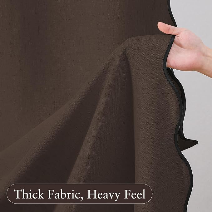 Linen Scallop Shower Curtain with 12 Clear Hooks, Waterproof, 72x72, Brown | Waterproof Heavy Duty Thick Fabric with Black Border, Minimalist Neutral Boho Farmhouse Bathroom Décor