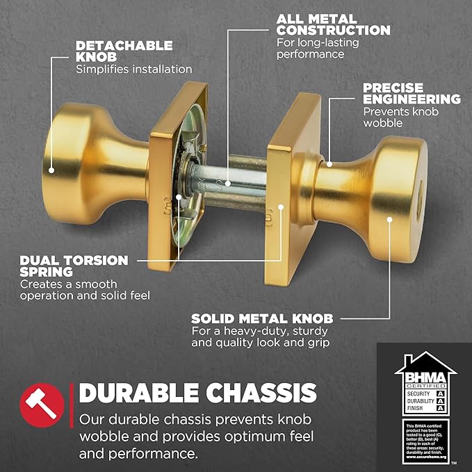 Kwikset Pismo Entry Door Knob with Lock and Key, Secure Keyed Handle Exterior, Front Entrance and Bedroom, Satin Brass, 4 Pack, Pick Resistant SmartKey Rekey Security