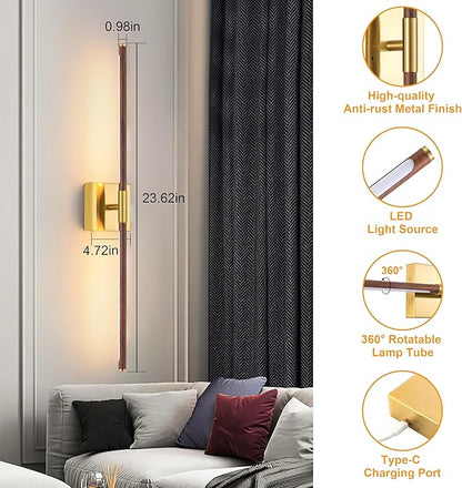 Battery Operated Wall Sconce Single, Walnut Rechargeable Wall Sconce with Remote, Dimmable Sconce Wall Light, 24 Inch LED Wireless Wall Light for Background Wall, Bedroom,Living Room