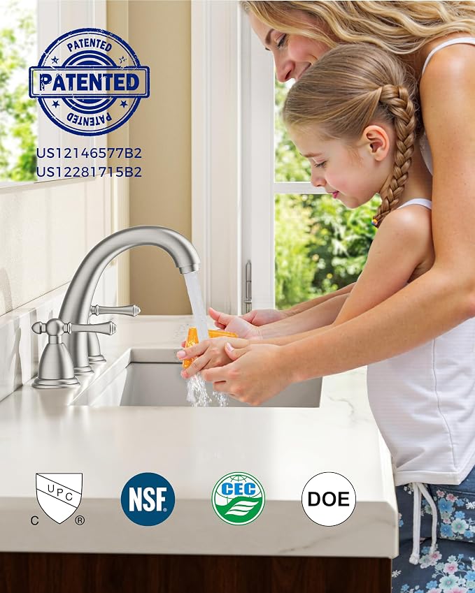FORIOUS Bathroom Faucet 3 Hole Widespread 8" Sink Faucets Brushed Nickel | 3-hole 6-12 Inch Widespread Sink, 2 Lever Handle, with Drain and Hoses,for Vanity Rv Commercial Lavatory Restroom Farmhouse