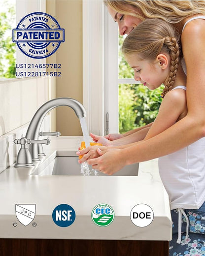 FORIOUS Bathroom Faucet 3 Hole Widespread 8" Sink Faucets Brushed Nickel | 3-hole 6-12 Inch Widespread Sink, 2 Lever Handle, with Drain and Hoses,for Vanity Rv Commercial Lavatory Restroom Farmhouse