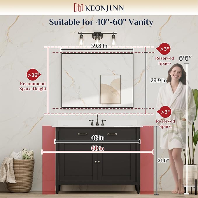 Keonjinn 40x30 Inch Black Bathroom Mirror for Over Sink, Rectangular | HD Tempered Glass, Vanity Mirror, Brushed Framed, Square Corner, Modern Farmhouse, Wall Mounted Mirrors, Aluminum Alloy