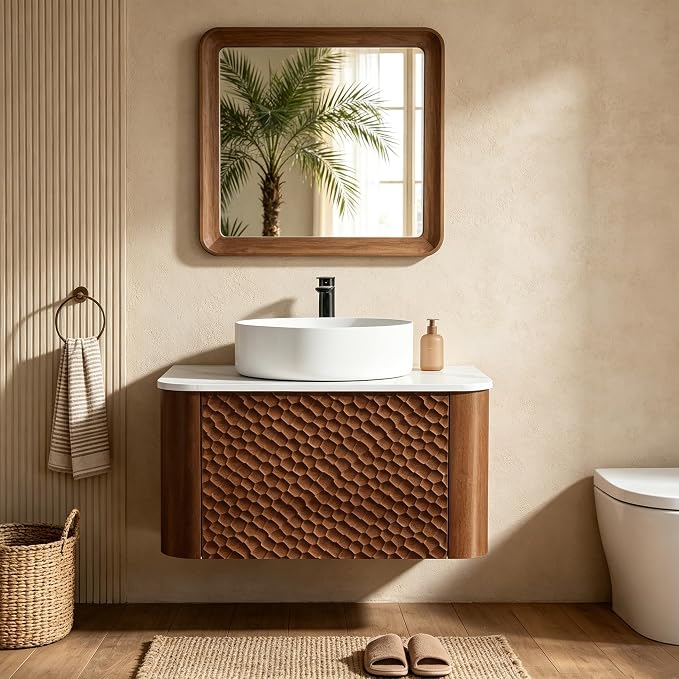 24 Inch Modern Bathroom Vanity with Ceramic Sink, Floating Bathroom Vanity Cabinet with Sintered Stone Top&Solid Wood Hammered Frame, Single Sink Bathroom Vanities w/Soft-Close Drawers,Walnut