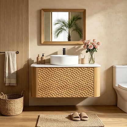 30 Inch Modern Bathroom Vanity with Ceramic Sink, Floating Bathroom Vanity Cabinet with Sintered Stone Top&Solid Wood Hammered Frame, Single Sink Bathroom Vanities w/Soft-Close Drawers,Natural