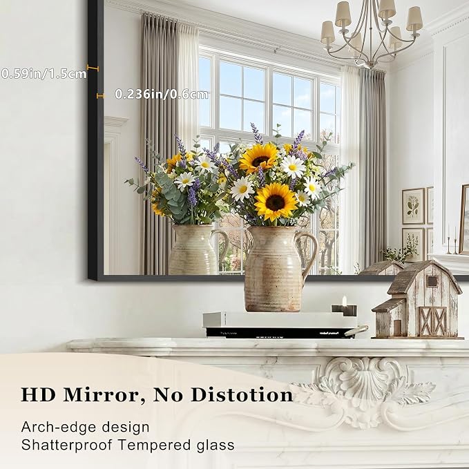 Arched Bathroom Mirror 30" W x 25" H, Bathroom Mirror for Over Sink, Wide Wall Vanity Mirror with Aluminum Frame & Tempered Glass, Ideal for Mantel, Entryway, Bedroom, Living Room, Black