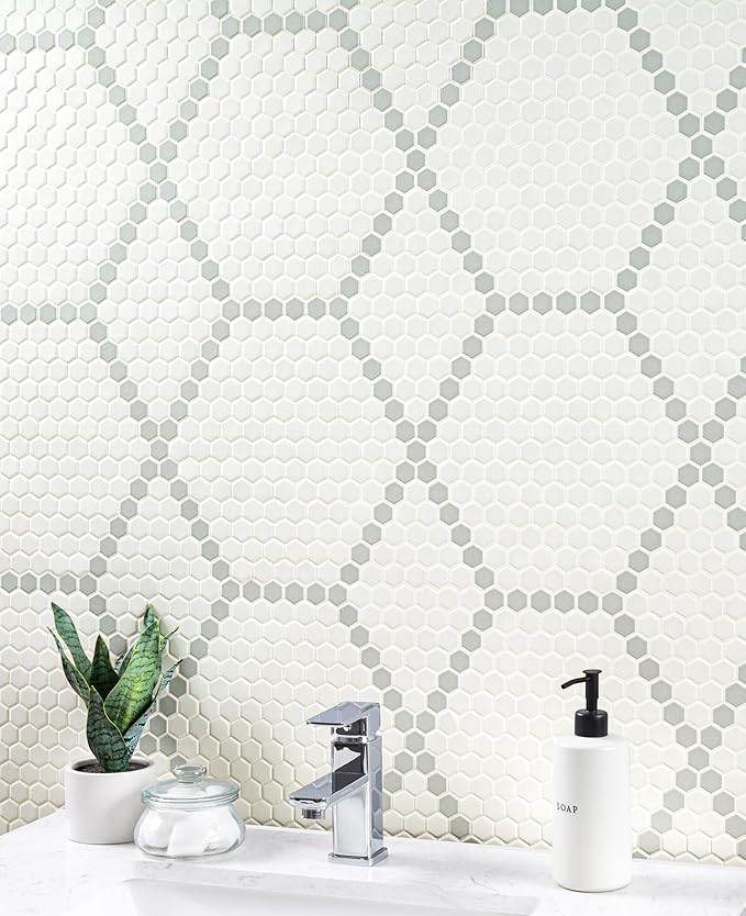 MSI White and Gray Hive Pattern Matte Porcelain Mosaic Tile Sample for Kitchen Backsplash, Bathroom Wall, Shower, and Floor