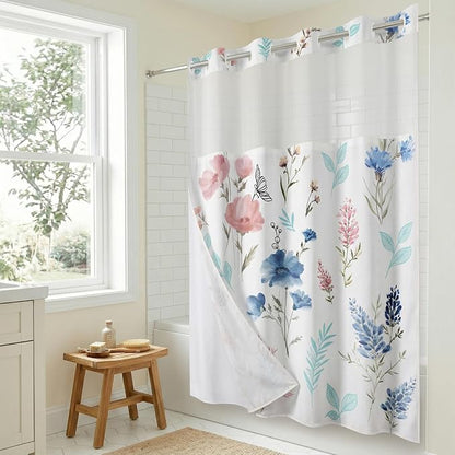 Americanflat 72x75 Hookless Shower Curtain - Water-Resistant Floral Shower Curtain with Sheer Panel, Snap-in Liner, and Grommets - 100% Polyester - Botanical Bathroom Curtains - Pink, Blue and White