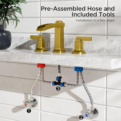 FORIOUS Brass Waterfall Brushed Gold Bathroom Faucets 3 Hole, Modern Widespread 8 Inch Bathroom Sink Faucet with Metal Pop-up Drain and Pre-Assembled Hose for Vanity, Restroom,Bathtub