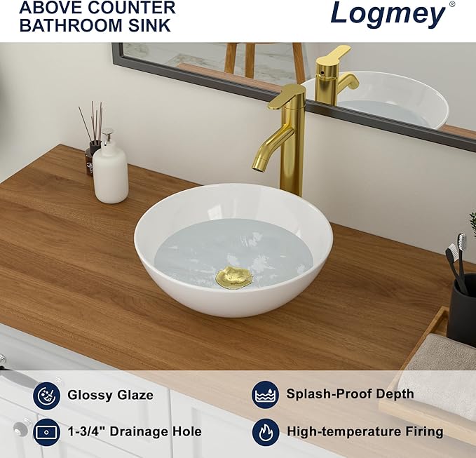 Logmey 13" Round Vessel Sink Small Bathroom Sink Modern White Vessel Sink for Bathroom RV Above Counter Porcelain Ceramic 13x13 inch Art Sink