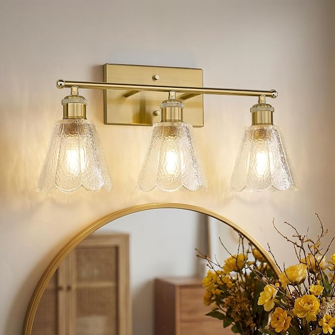 HWH 3-Light Bathroom Wall Sconces, Clear Floral Glass, 5HJX110B-3W BG | Brushed Gold Finish, 20 Inch Bathroom Vanity Light for Bedroom, Sconce Wall Lighting, Standard E26 Bulb Socket, For Foyer