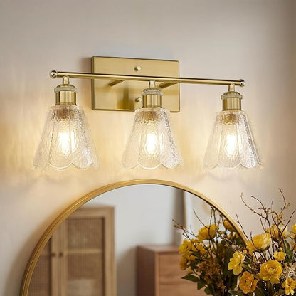 HWH 3-Light Bathroom Wall Sconces, Clear Floral Glass, 5HJX110B-3W BG | Brushed Gold Finish, 20 Inch Bathroom Vanity Light for Bedroom, Sconce Wall Lighting, Standard E26 Bulb Socket, For Foyer