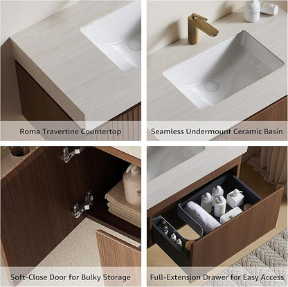 30” Floating Bathroom Vanity with Sink, Wall-Mounted Cabinet with Drawer & Doors, Roma Travertine-Pattern Countertop, Undermount Basin, Single Faucet Hole, Soft-Close, Pre-Assembled, Brown Oak