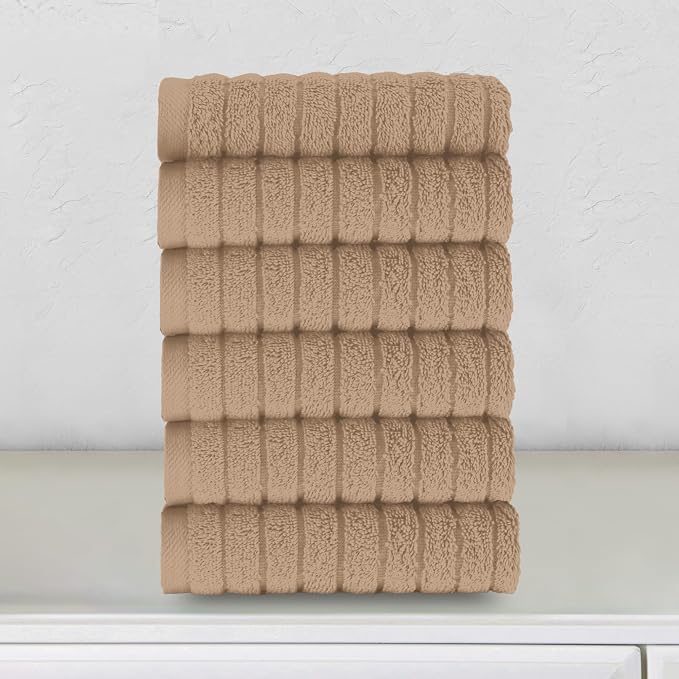 Elegant Comfort 100% Turkish Cotton Corduroy Ribbed Luxury Washcloths 6 Pack Soft 13 x 13 Inch - Higly Absorbent, Durable, Quick Dry, Spa Premium Hotel Quality for Bathroom or Travel, Taupe