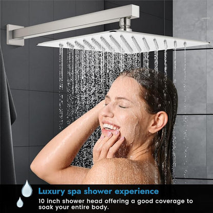 Brushed Nickel Shower Faucet Set, 10 Inch Rain Shower System with Valve | Complete Rain Shower Set with Valve, Single Handle Wall Mount Design