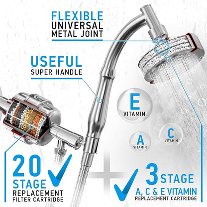 AquaHomeGroup Handheld Shower Head Filter, 20-Stage, Vitamin C E A, Chrome | handheld shower head, 20-stage filtration, Vitamin C E A infusion, reduces chlorine heavy metals sediment, high pressure