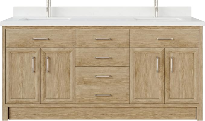 Capri III 72" Double Sink Bathroom Vanity With Stealth Organizer, Solid Wood Bathroom Cabinet with Engineered Stone Countertop & Backspalsh, Soft Closing Door & Drawer, Pre-Assembled, Weathered Oak