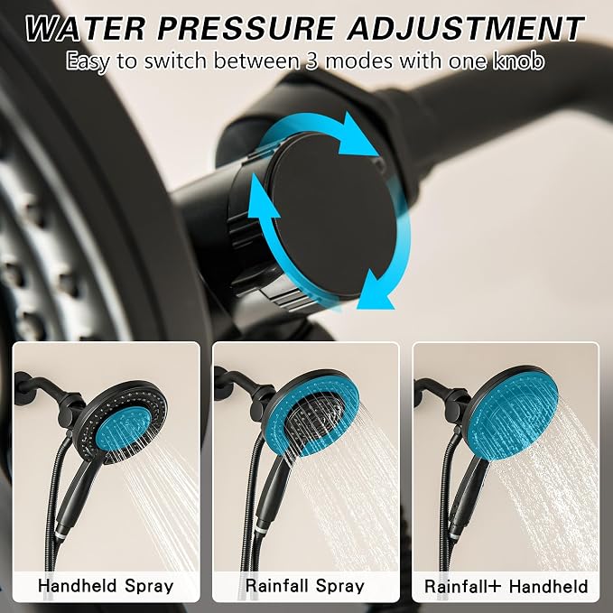 3 Handles Tub and Shower Faucet Set Matte Black 2-in-1 Dual Shower Bathtub Shower Faucets Combo Three Knod Tub and Shower Trim Kit Shower System Complete