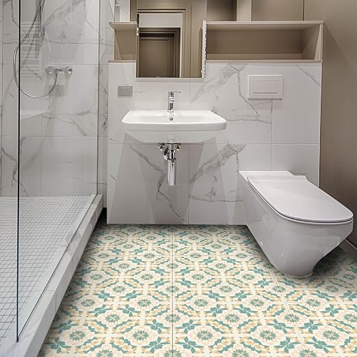 Teal Beige Floral Peel and Stick Floor Tiles 12x12 Inch 10PCS | Teal and beige floral geometric pattern vinyl floor stickers for kitchen bathroom entryway and indoor home decor