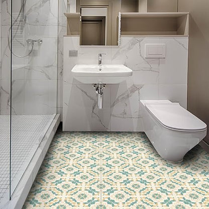 Teal Beige Floral Peel and Stick Floor Tiles 12x12 Inch 10PCS | Teal and beige floral geometric pattern vinyl floor stickers for kitchen bathroom entryway and indoor home decor
