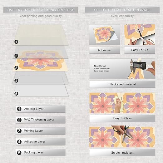 Pastel Mandala Flower Peel and Stick Floor Tiles 12x12 Inch 10PCS | Spring watercolor pastel mandala flower pattern vinyl floor stickers for kitchen bathroom entryway and indoor home decor
