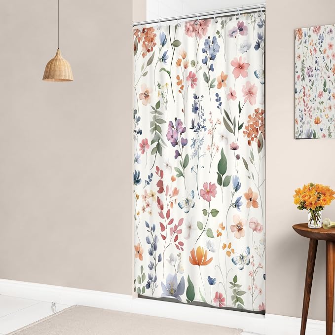 Small Stall Boho Pink Floral Colorful Natural Bathroom Shower Curtain Set | 36"W x 72"H Watercolor Butterfly; waterproof HD print, quick-dry fabric and plastic hooks for easy setup.