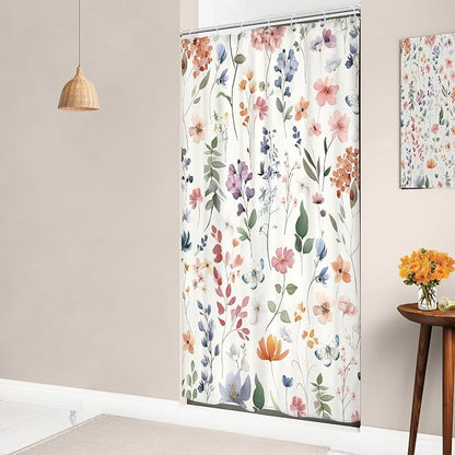 Small Stall Boho Pink Floral Colorful Natural Bathroom Shower Curtain Set | 36"W x 72"H Watercolor Butterfly; waterproof HD print, quick-dry fabric and plastic hooks for easy setup.