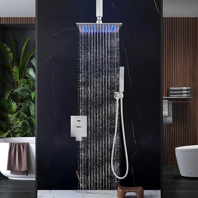 Aolemi Ceiling Shower Faucet Set with Handheld 16" LED Head Polish Chrome | Handheld Spray,16 Inch Rain LED Head,Shower Valve and Trim Kit,All Metal,Ceiling System,Bathroom Mixer