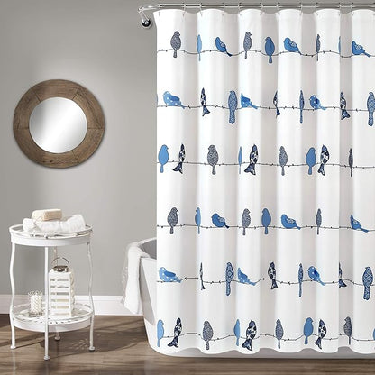 Lush Decor Rowley Birds Shower Curtain, 72” W x 72” L, Navy - Colorful Floral Bird Pattern - Whimsical & Playful Bird Shower Curtain - Farmhouse, Coastal, & Boho Bathroom Decor