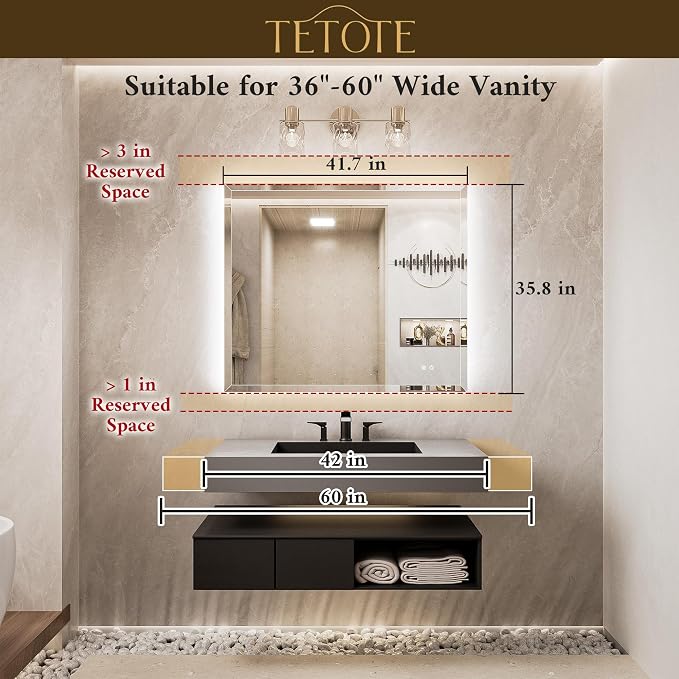 42 x 36 LED Mirror Backlit, Beveled Bathroom Mirror with Backlight, Tempered Glass, 3 Colors Lights, Defogger, Adjustable Brightness, Memory Function, Lighted Mirrors for Bathroom Wall
