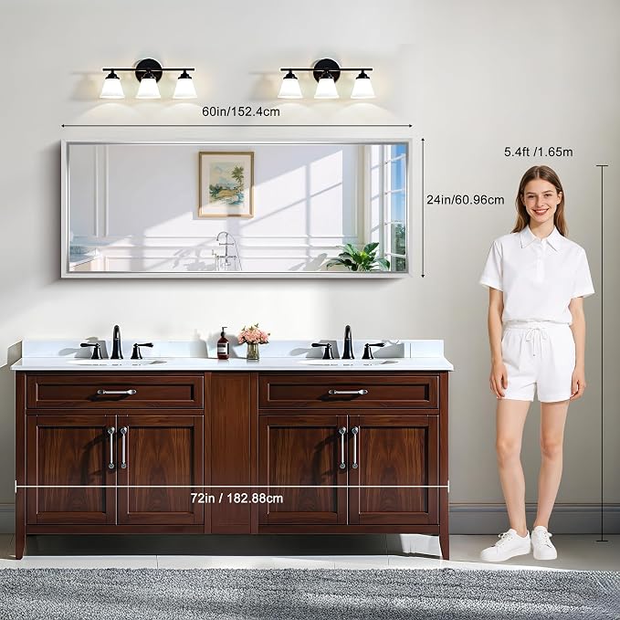 CIRCUMI 60"x24" Brushed Silver Bathroom Mirror, Double Sink Vanity Mirror | Chunky Box Metal Frame, Shatterproof, Tempered Glass, Bathroom Remodel&New Home, Large Rectangular Mirror for Living Room