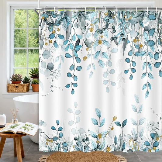 Teal Blue Eucalyptus Shower Curtain, Watercolor Plants Foliage Floral Bathroom Curtains, Cottagecore Botanical Leaves Waterproof Fabric Cloth Shower Curtain Set with Hooks 72X72 Inch