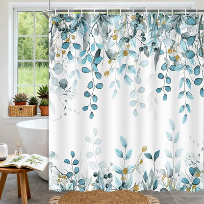 Teal Blue Eucalyptus Shower Curtain, Watercolor Plants Foliage Floral Bathroom Curtains, Cottagecore Botanical Leaves Waterproof Fabric Cloth Shower Curtain Set with Hooks 72X75 Inch