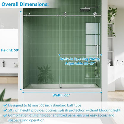 56"-60" W x 59" H Sliding Shower Door, Frameless Bypass Bathroom Door with 5/16"(8mm) Tempered Glass,Silver Finish for Walk-in Shower