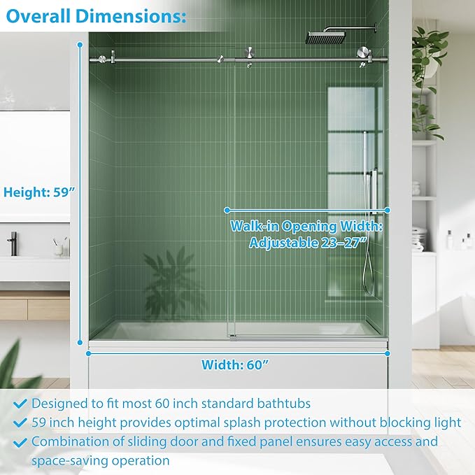 Shower Door 60" W x 59" H, Sliding Glass, Shower Doors with 5/16" (8mm) Clear Tempered Glass for Bathroom