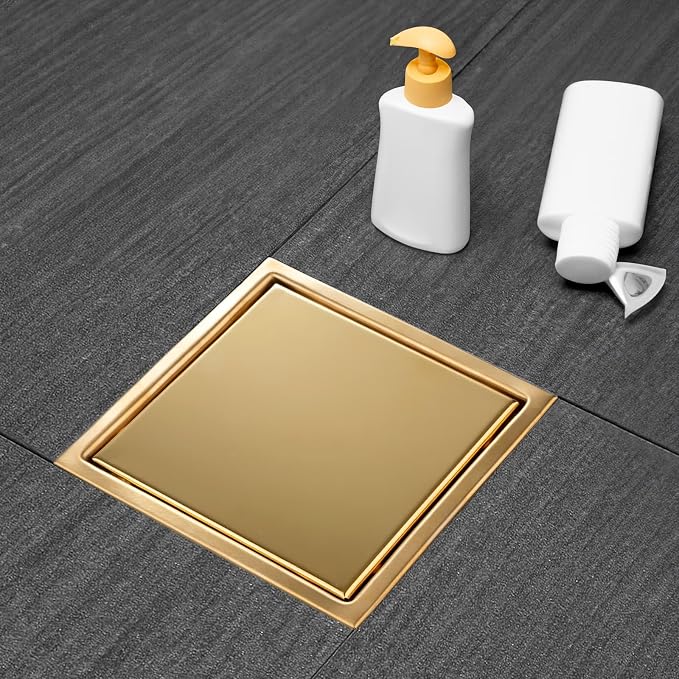 Square Shower Drain Gold 6 inch with 2 in 1 Tile-Insert Cover | AISI 304 Stainless Steel Brushed Shower Floor Drain with Removable Hair Catcher and Flange Fits Bathroom Balcony Kitchen