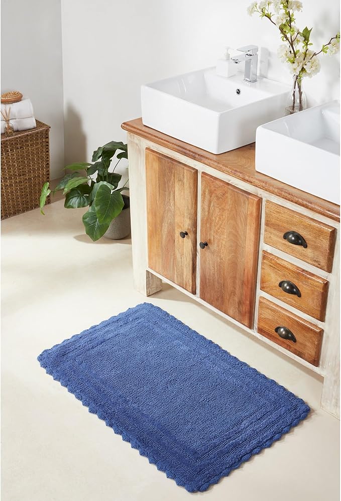 Better Trends Lilly Crochet 24x40 Reversible Bath Rugs and Bath mats for Bathroom, Luxurious 100% Cotton Bath Rug & Water Absorbent Bathroom Mat - Blue Bath Matt
