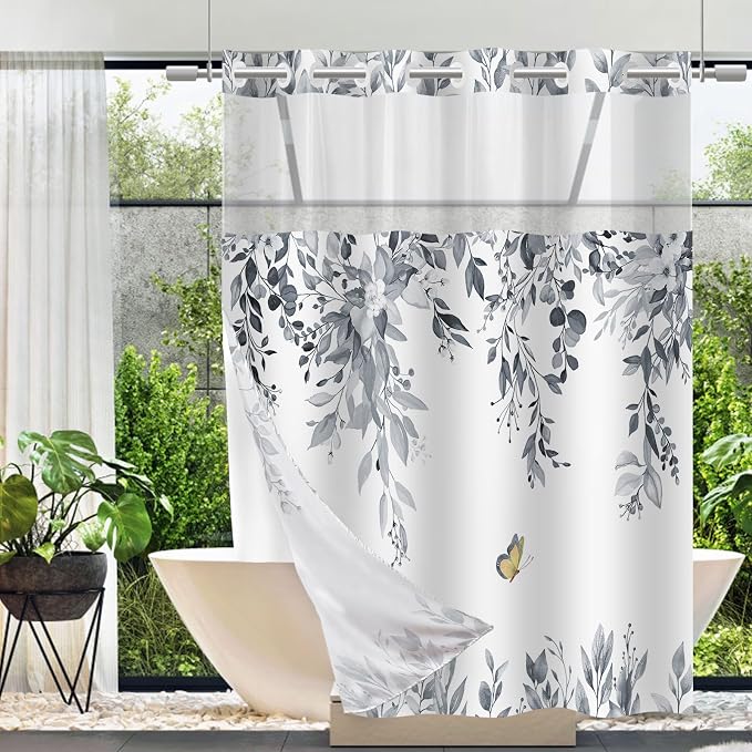 No Hook Shower Curtain and Liner Set, Blue Grey Eucalyptus 71x74 | Floral Design, with Snap in Liner, Waterproof, Machine Washable, Quick-Drying, for Hotel Bathroom