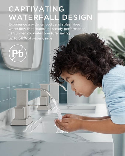 FORIOUS 4 Inch Centerset Brushed Nickel Bathroom Faucet, 2 or 3 Hole Waterfall Square Bathroom Sink Faucet with Metal Pop-up Drain and Supply Lines, Two Handles for Vanity, Lavatory Room, Pedestal